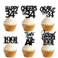 18pcs Black Glitter Happy 34th Dessert Cupcake Topper Pick for Funny Legend Since 1991 Theme Decor Supplies Men Women Happy 34 B