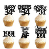 18pcs Black Glitter Happy 34th Dessert Cupcake Topper Pick for Funny Legend Since 1991 Theme Decor Supplies Men Women Happy 34 B