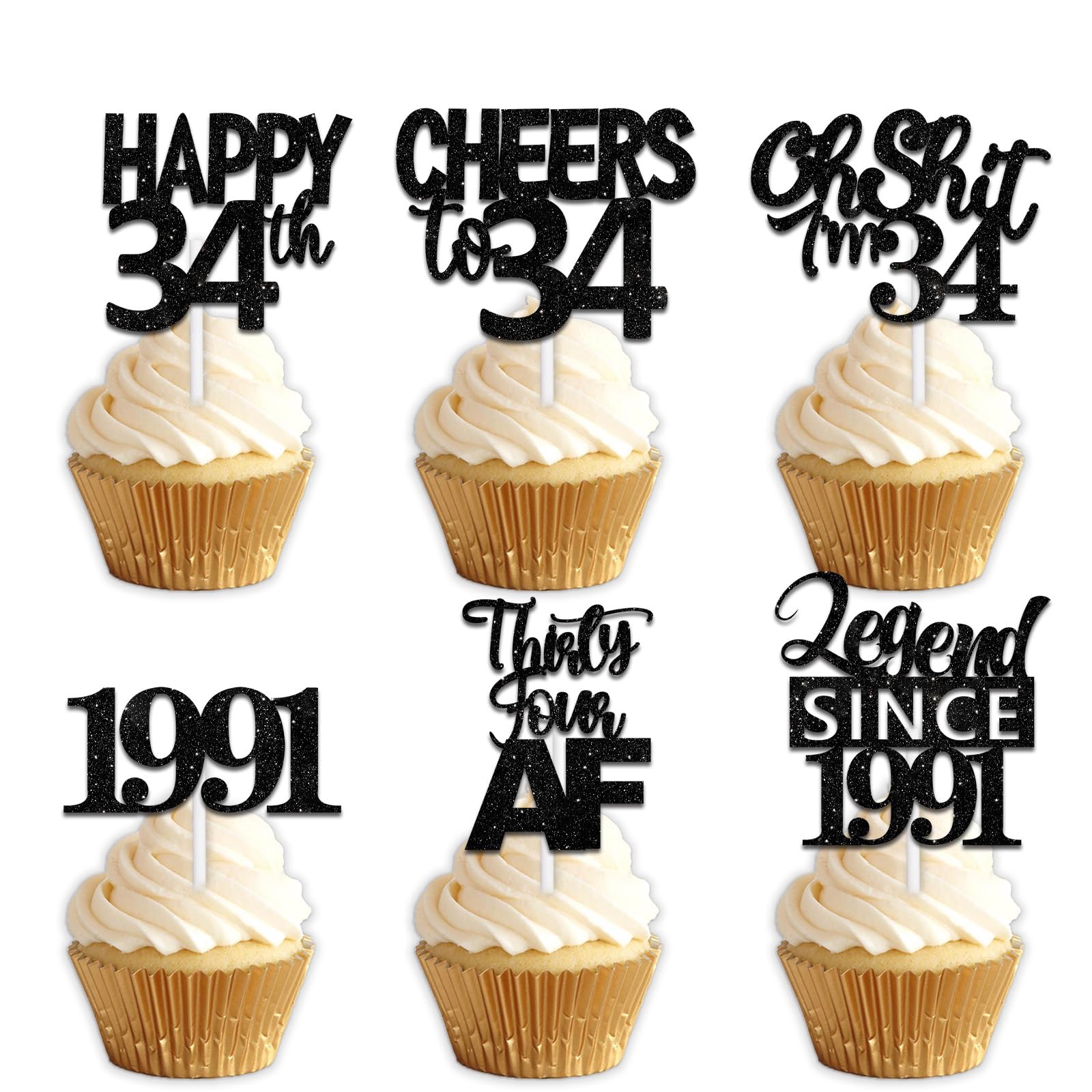 18pcs Black Glitter Happy 34th Dessert Cupcake Topper Pick for Funny Legend Since 1991 Theme Decor Supplies Men Women Happy 34 B