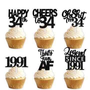 18pcs Black Glitter Happy 34th Dessert Cupcake Topper Pick for Funny Legend Since 1991 Theme Decor Supplies Men Women Happy 34 B