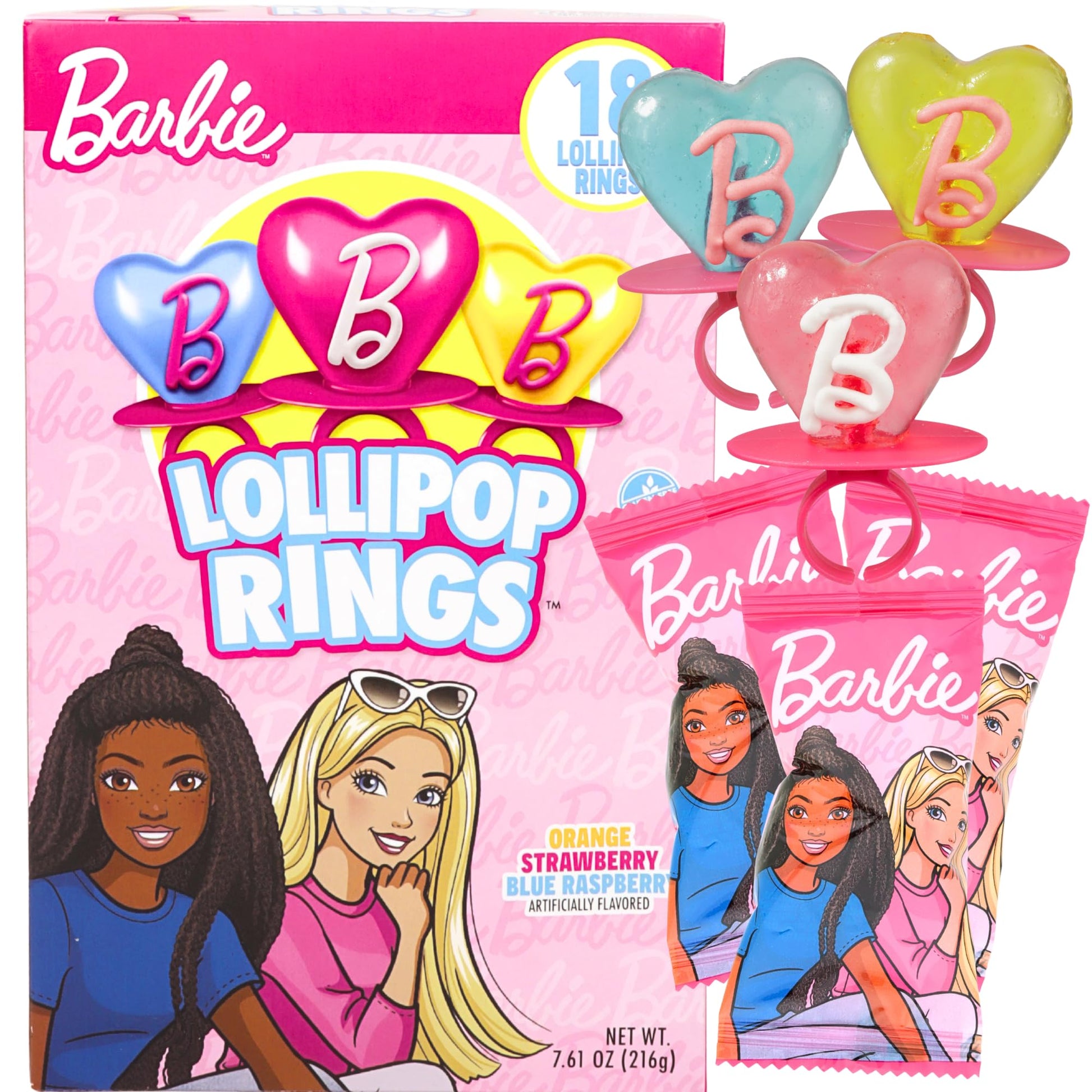 Imaginings 3 Barbie Party Favors, Individually Wrapped Lollipop Rings, Fruit Flavored Basket Filler Candy Suckers, Box of 18