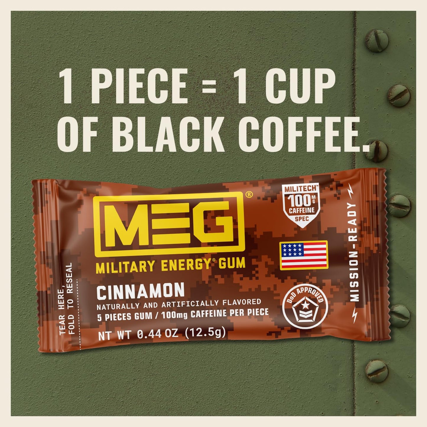 MEG Military Energy Gum - Cinnamon Flavor, 100mg Caffeine per Piece, Pack of 18, Brown