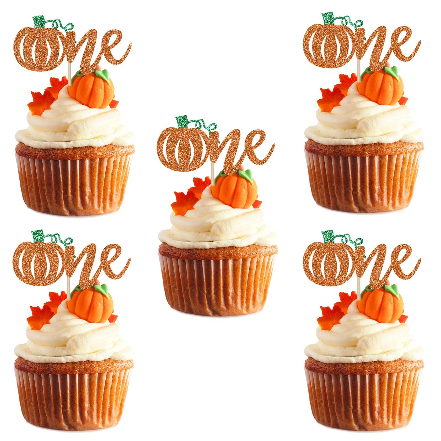 24Pcs Orange Glitter Pumpkin One Cupcake Toppers, Little Pumpkin 1St Birthday Cupcake Toppers One Pumpkin Cupcake Picks For Firs