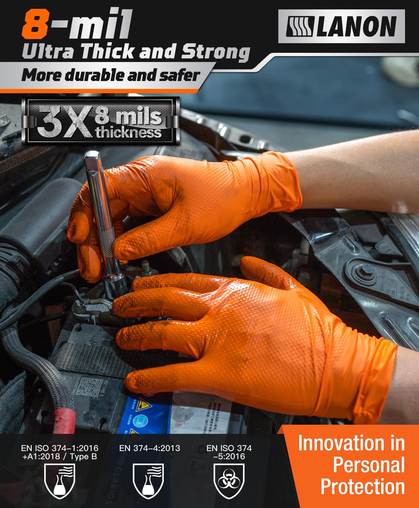 Lanon 8Mil Orange Disposable Nitrile Gloves, Mechanic, Heavy Duty, Food Safe, Latex Free, Powder Free, Fully-Diamond Textured, L
