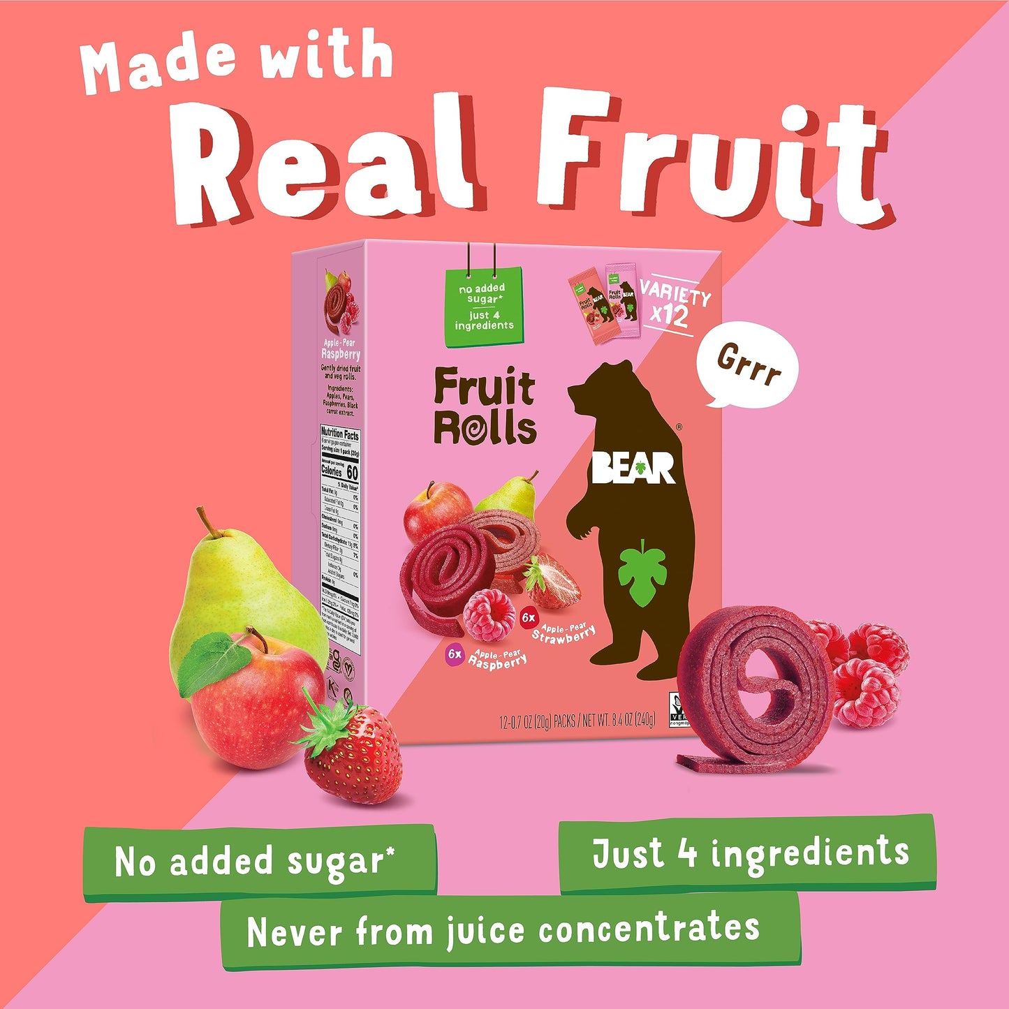 Bear Yoyo Fruit Rolls Variety Pack, Apple-Pear Strawberry, Apple-Pear Raspberry, No Added Sugar, Vegan Friendly, Kosher, Gluten