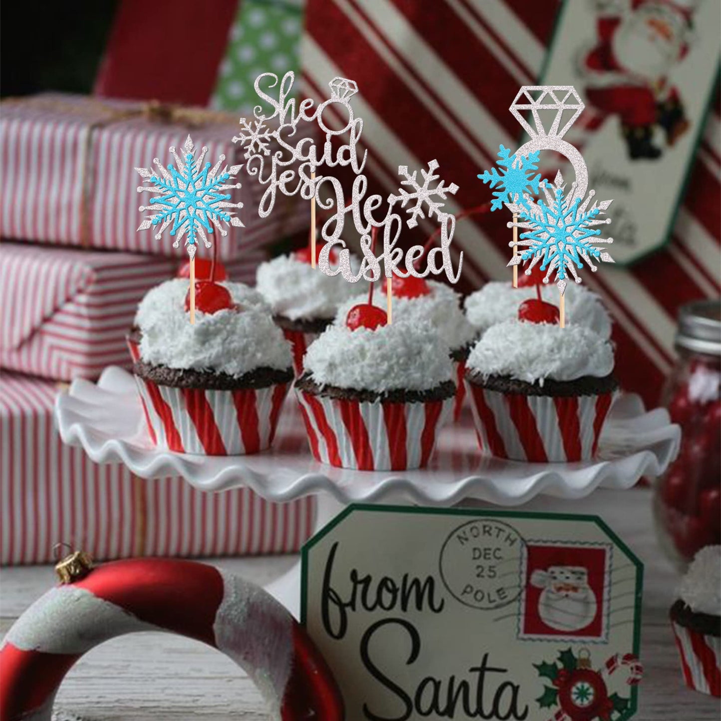 24 Pcs He Asked She Said Yes Cupcake Toppers Glitter Diamond Ring Snowflake Cupcake Picks Bridal Shower Cake Decorations For Win