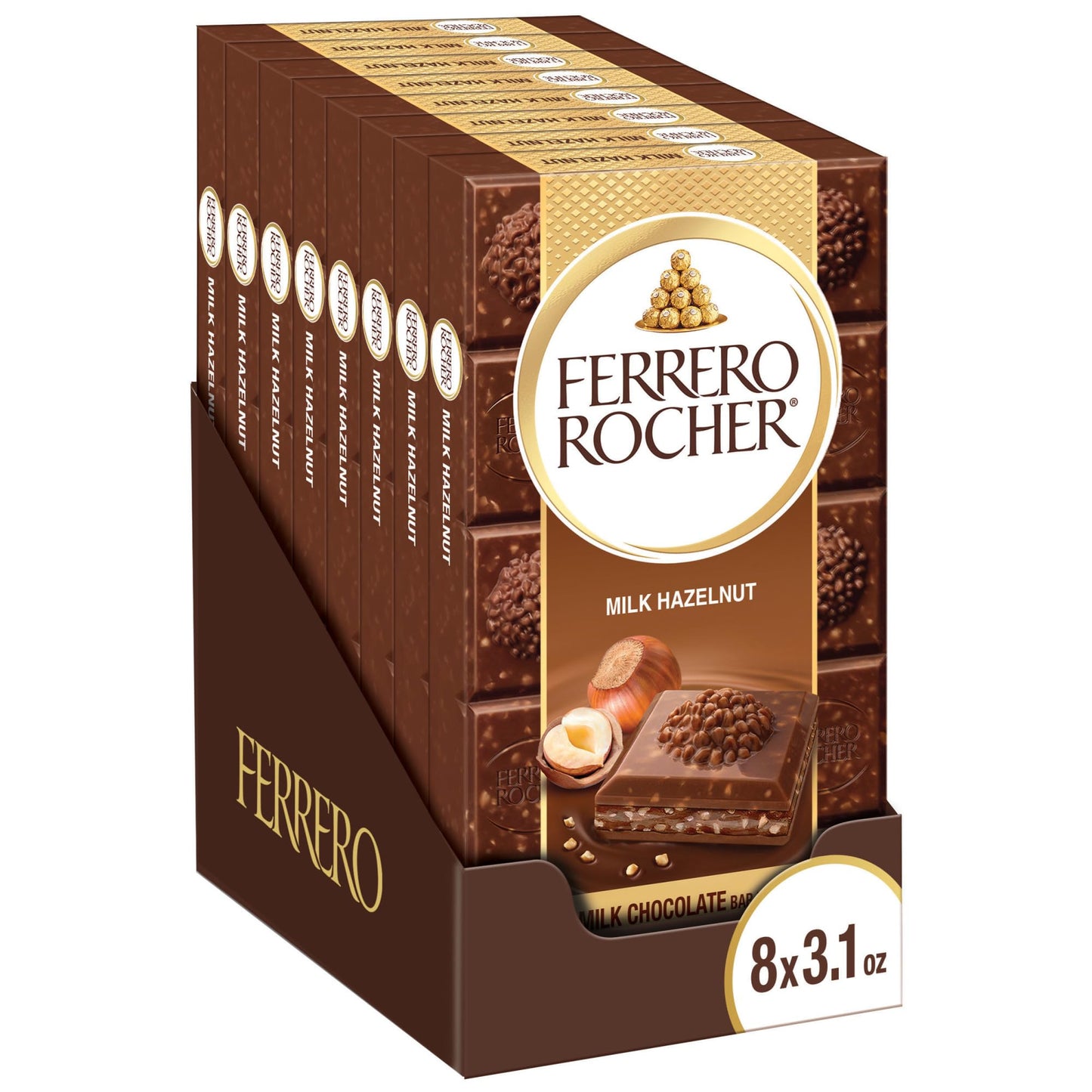Ferrero Rocher Premium Chocolate Bars, 8 Pack, Chocolate Hazelnut 3.1 Oz Each