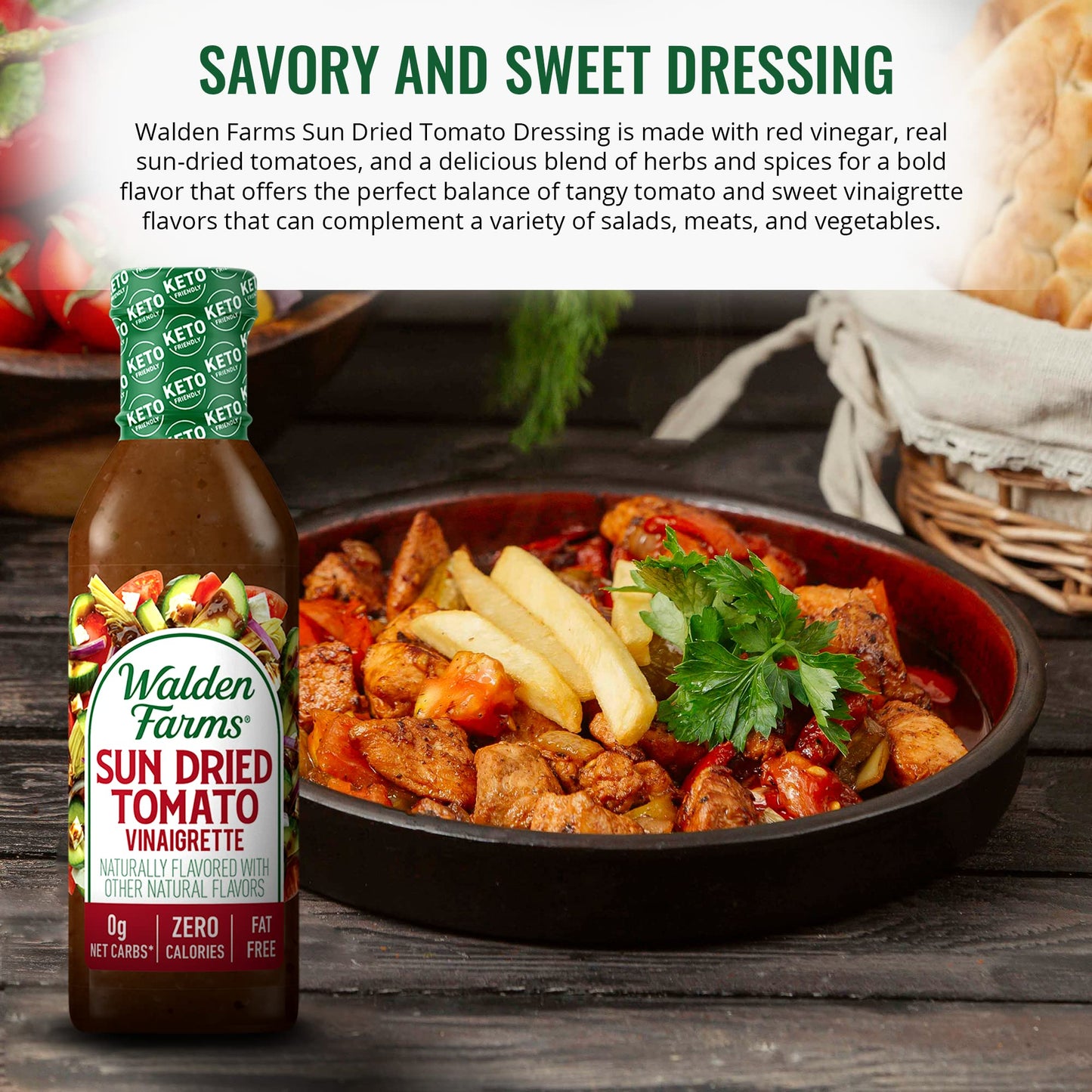 Walden Farms Sun Dried Tomato Vinaigrette Dressing 12 oz Bottle - Sugar Free 0g Net Carbs Condiment - So Tasty on Salad, Grilled
