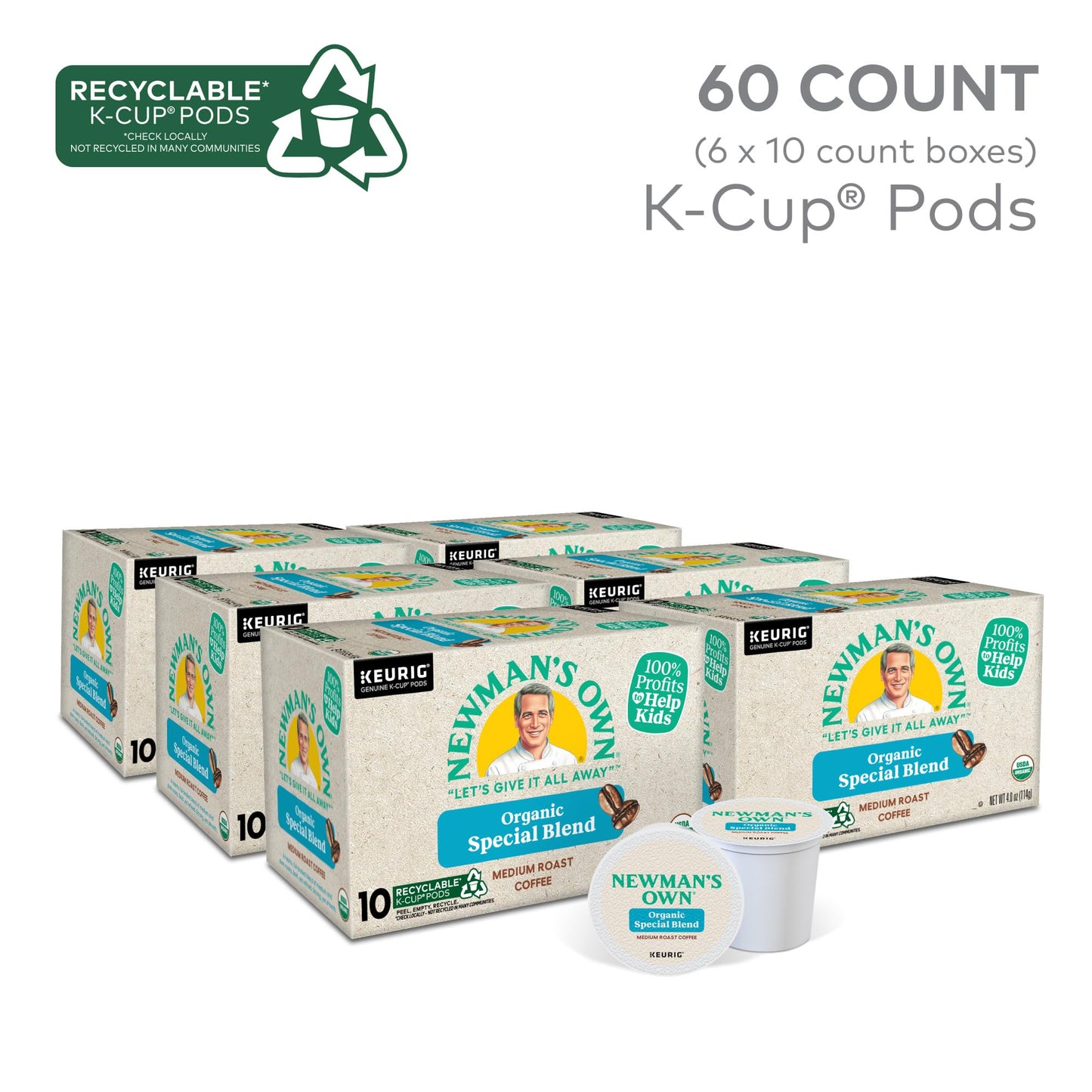 Newman'S Own Organic Special Blend, Keurig Single Serve K-Cup Pods, Medium Roast Coffee, 60 Count, (6 Packs Of 10)