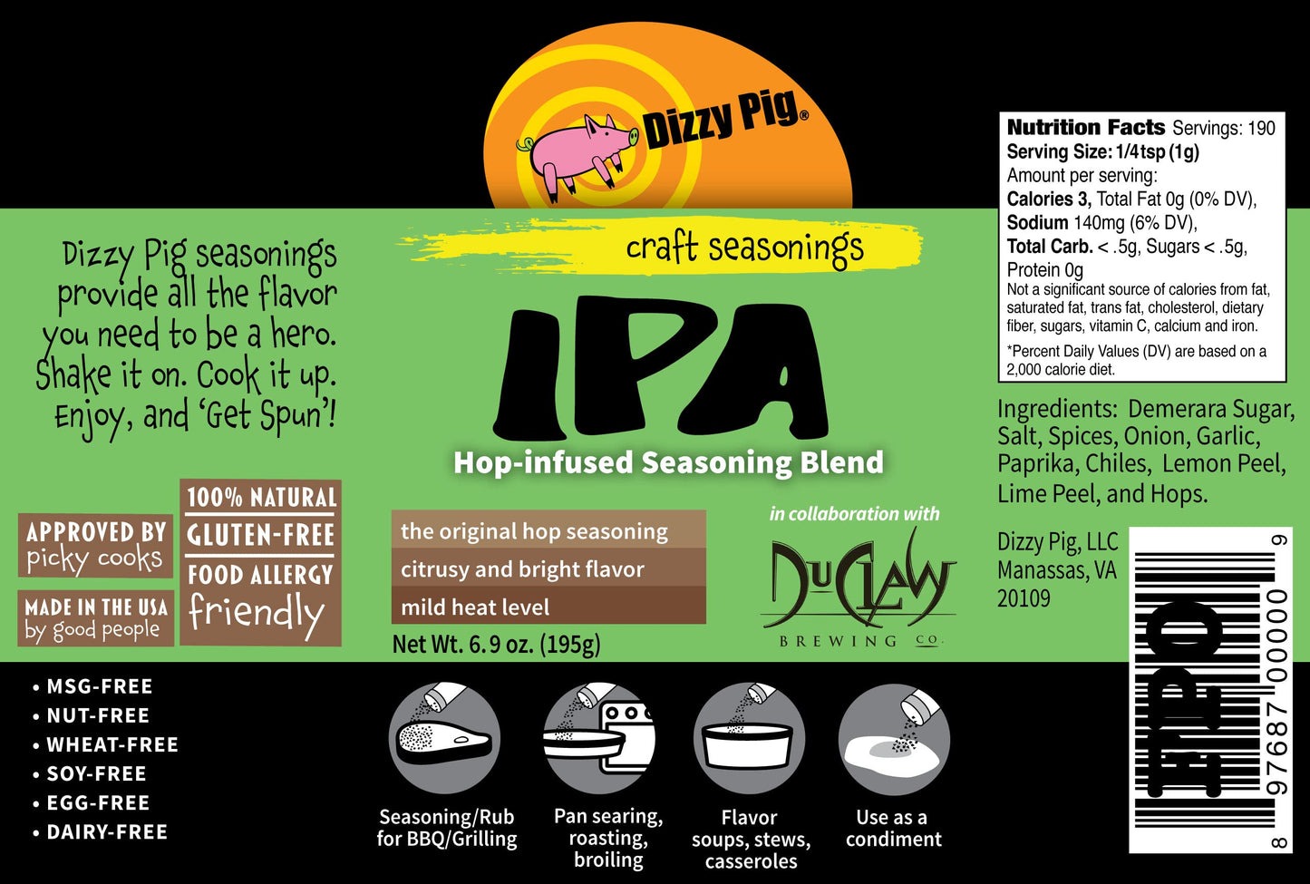 Dizzy Pig Ipa Hop-Infused Seasoning Rub Blend (8Oz Shaker) - Seasons 30+Lbs Of Food - Hand Made In The Usa - Msg Free, Gluten Fr