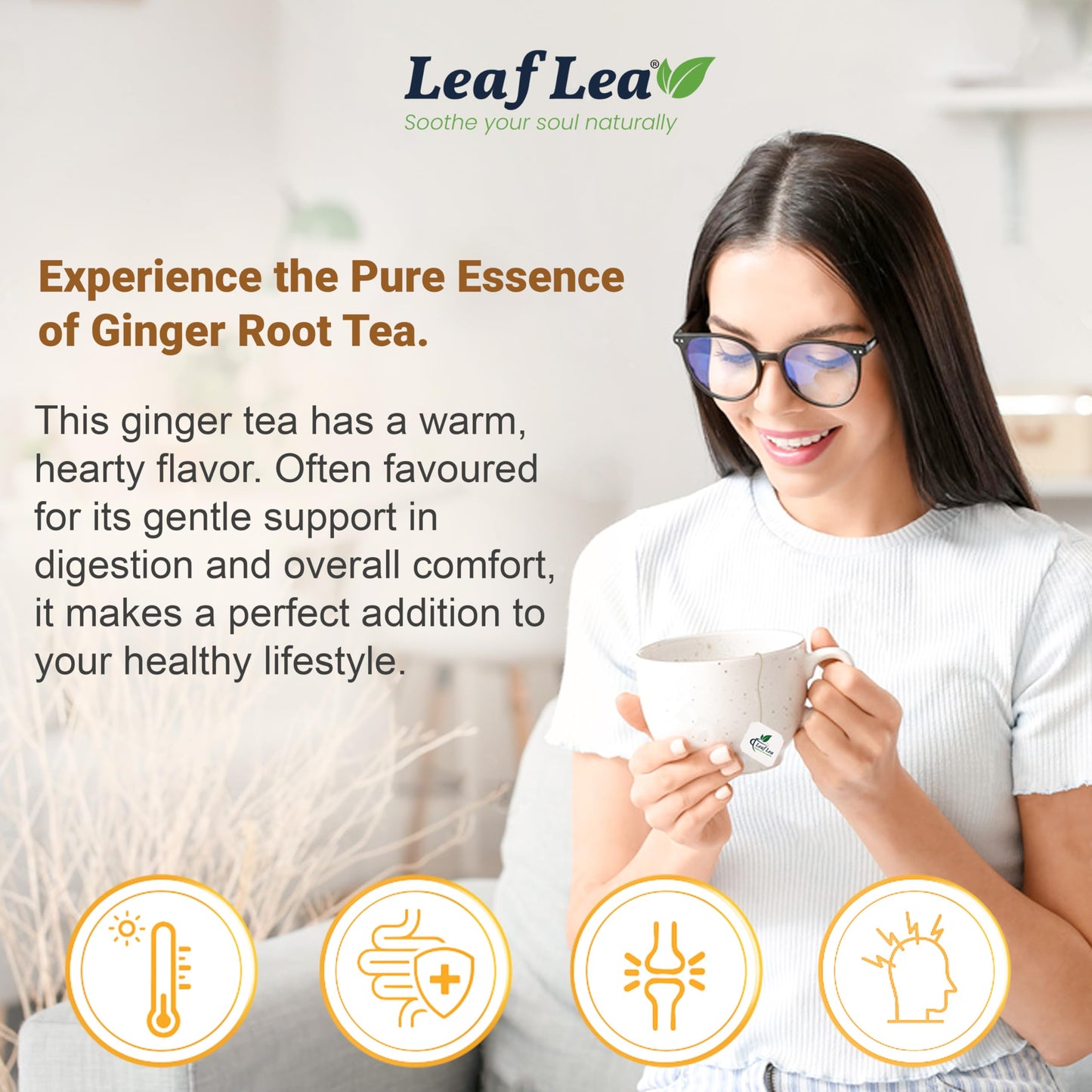 LeafLea Ginger Tea Bags, 100% Pure & Natural, Caffeine Free, Vegan, 40 Bags