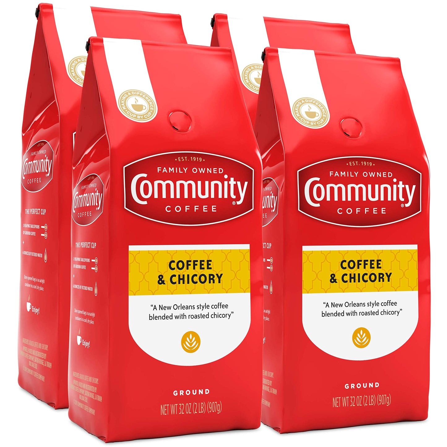Community Coffee Coffee and Chicory Blend, Medium Dark Roast, 32 Ounce (Pack of 4)