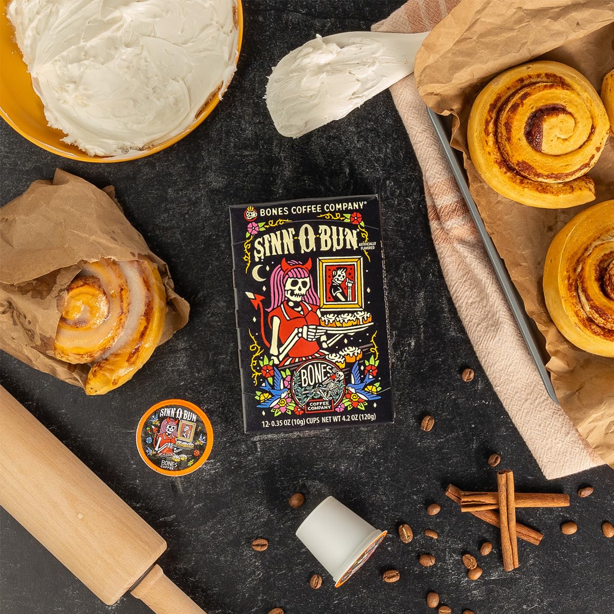 Bones Coffee Company Sinn 'O' Bun Whole Coffee Beans Cinnamon Roll Flavor | 12 Oz Medium Roast Low Acid Coffee | Flavored Coffee Gifts & Beverages (Whole Bean)