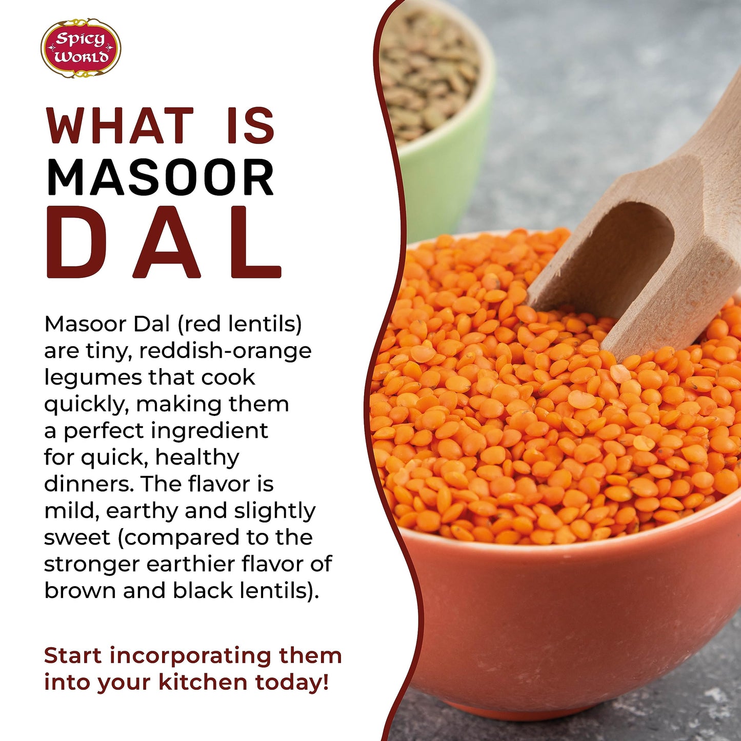Spicy World Masoor Dal 8 Pound Bag (128oz) - Red Lentils Split - All Natural