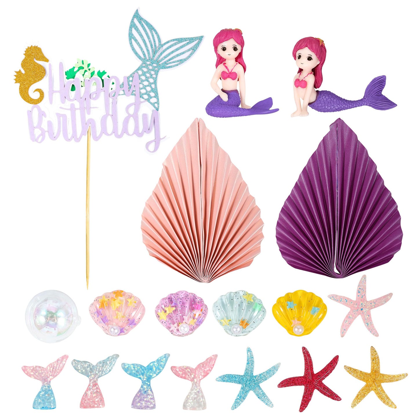 Gyufise 27Pcs Mermaid Under The Sea Cake Toppers Kit Little Resin 3D Mermaid Palm Leaves Bubble Starfish Shell Mermaid Tail Cupc