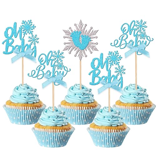 24 PCS Snowflake Oh Baby Cupcake Toppers with Bow Glitter Winter Frozen Theme Baby Feet Snowflake Cupcake Picks for Winter Wonde