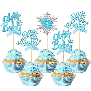 24 PCS Snowflake Oh Baby Cupcake Toppers with Bow Glitter Winter Frozen Theme Baby Feet Snowflake Cupcake Picks for Winter Wonde