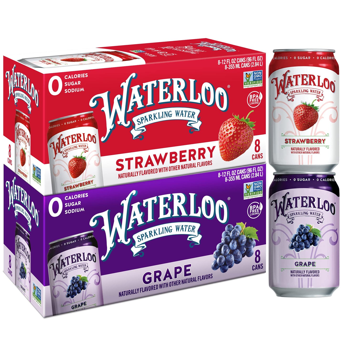 Waterloo Sparkling Water Two-Flavor Pack, 12 Fl Oz Cans, Pack of 16, 8 x Grape, 8 x Strawberry | Zero Calories | Zero Sugar or A