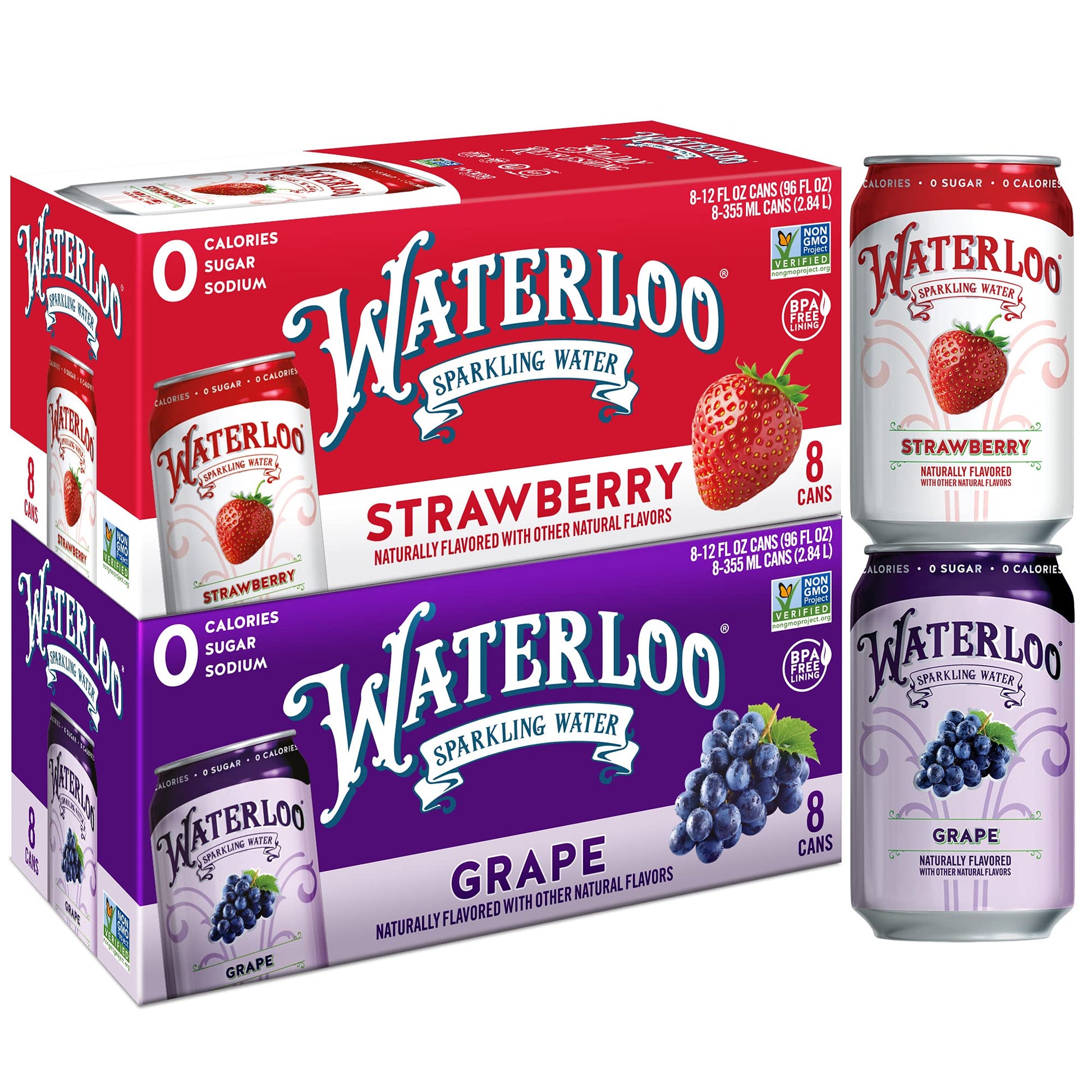 Waterloo Sparkling Water Two-Flavor Pack, 12 Fl Oz Cans, Pack of 16, 8 x Grape, 8 x Strawberry | Zero Calories | Zero Sugar or A