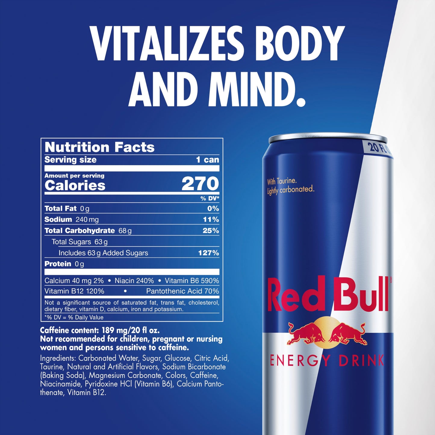 Red Bull Energy Drink, 189mg Caffeine, Taurine & B Vitamins, 20 Fl Oz, Pack of 12 Cans, Red/Blue