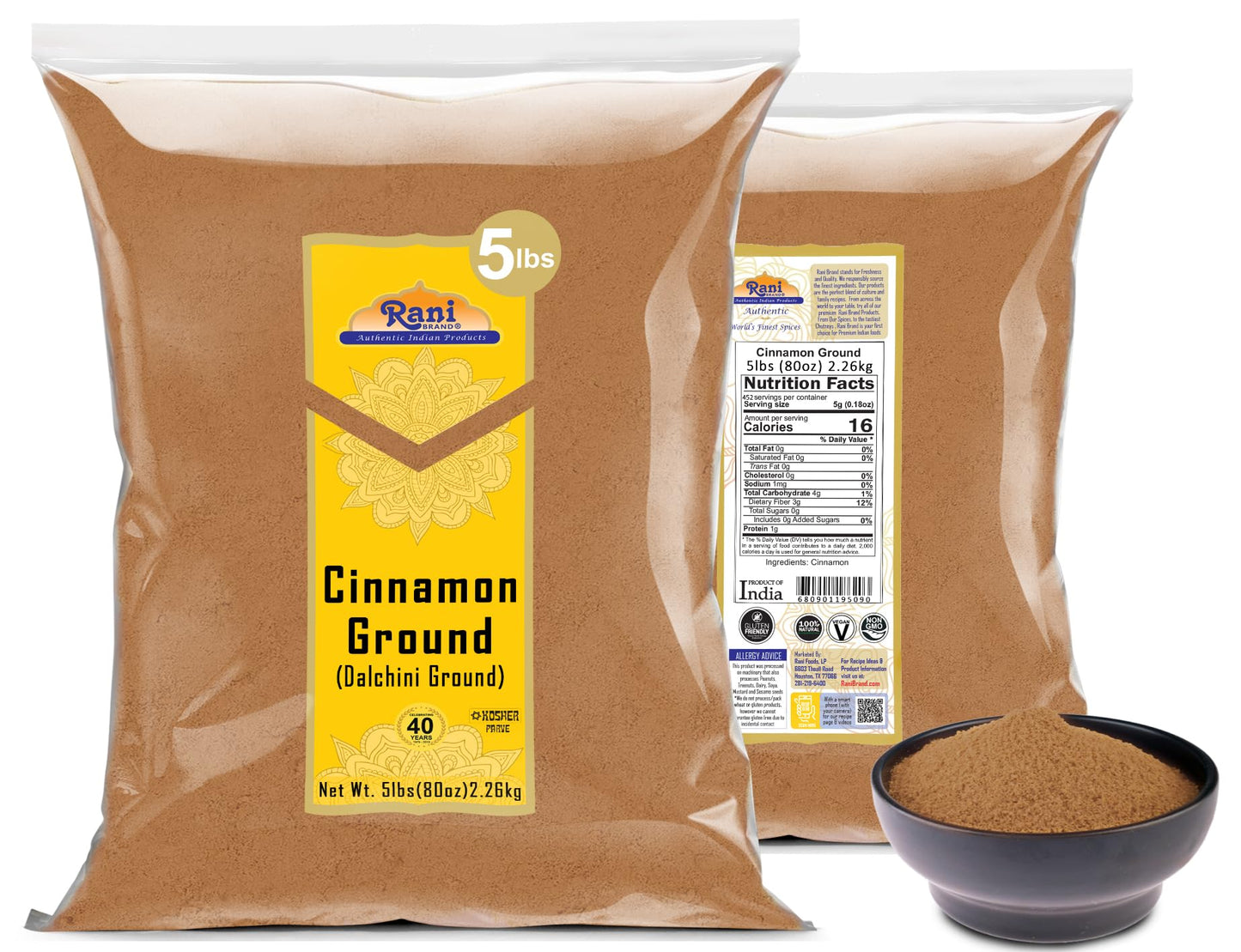 Rani Cinnamon Powder (Ground) Spice 80Oz (5Lbs) 2.27Kg Bulk ~ All Natural | Salt-Free | Vegan | No Colors | Gluten Friendly | No