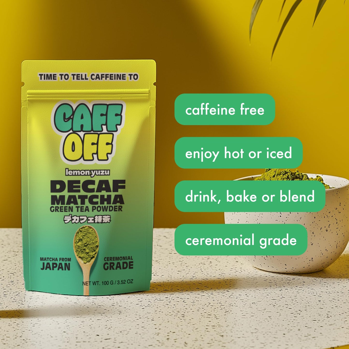 Caff Off Decaf Lemon Matcha Green Tea Powder – Ceremonial Grade – 100 g – Sugar-Free – Naturally Decaffeinated – No Fillers