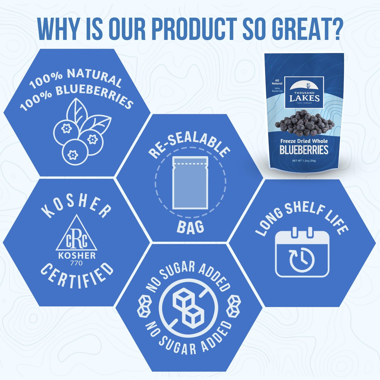 Thousand Lakes Freeze Dried Fruit - Blueberries 3.5 Ounces | No Sugar Added | 100% Whole Blueberries