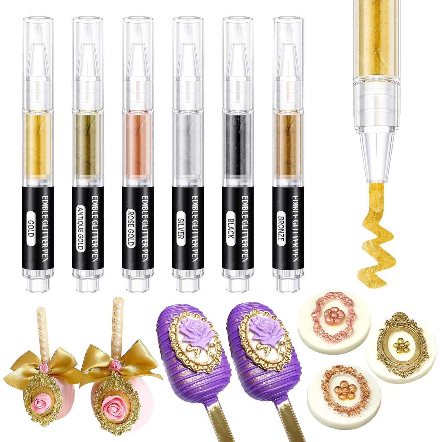 Edible Paint Pen 6 Colors Metallic Edible Markers Food Coloring Pen Shiny Food Glitter Paint for Cookies Decorating Fondant Icin