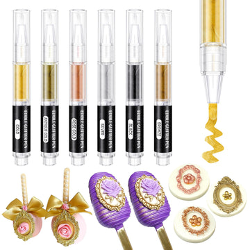 Edible Paint Pen 6 Colors Metallic Edible Markers Food Coloring Pen Shiny Food Glitter Paint for Cookies Decorating Fondant Icin