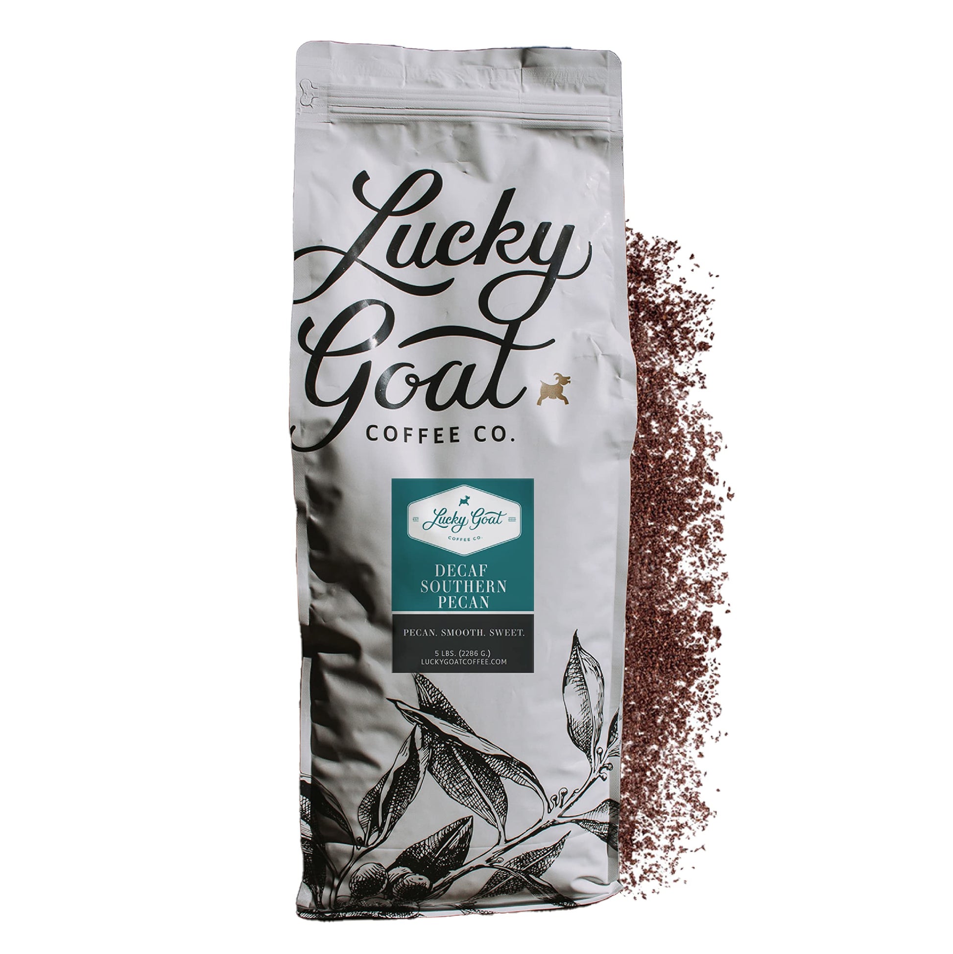 Lucky Goat Decaf Southern Pecan Coffee, Medium Roast, 5 lb Bulk Ground, Low Acid, Gluten Free, Sugar Free, Keto Friendly