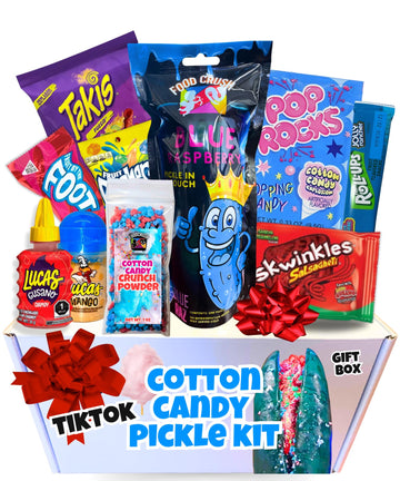 Cotton Candy Pickle Kit Valentines Day Gift Box-W/Blue Pickle, Takis, Cotton Candy Crunch, Cotton Candy Pop Rocks, Lucas Gusano 