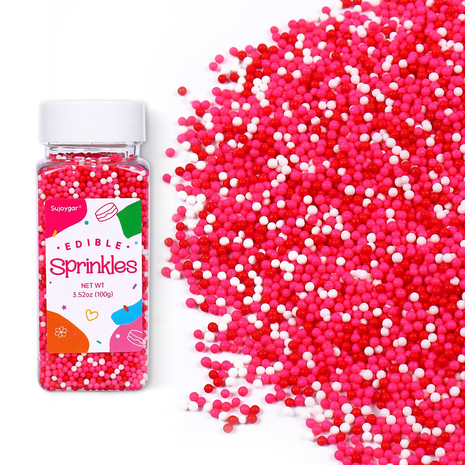 Pink Nonpareils Sprinkles, Red Pink and White Sprinkles Bulk for Cake Decorating Cupcake Baking Dessert Cookies Valentine's Deco