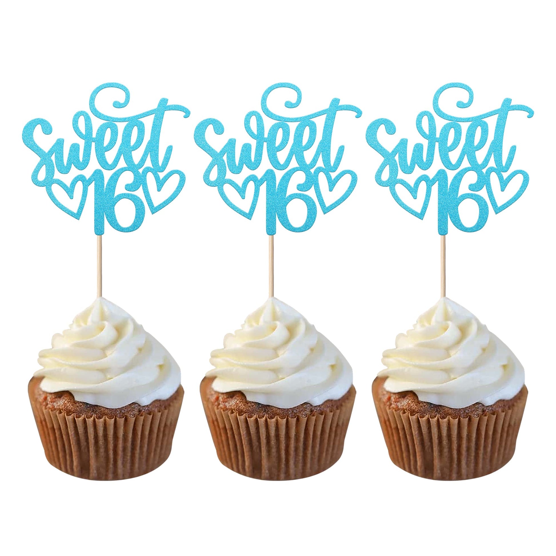 YCTHUNFISH 24 Pack Cupcake Toppers Glitter Sixteen Happy 16th Birthday Decorations Light Blue Bamboo