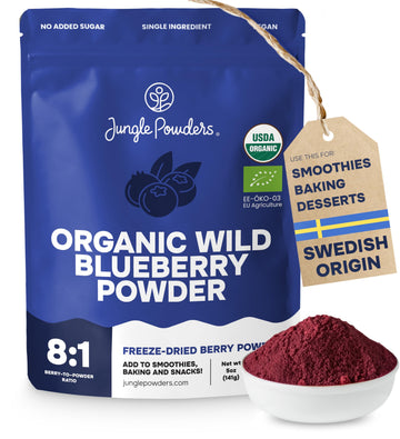 Jungle Powders Wild Blueberry Powder Organic 5 Ounce Bag Usda Certified - Antioxidant Rich Smoothies Freeze Dried Blueberries Or