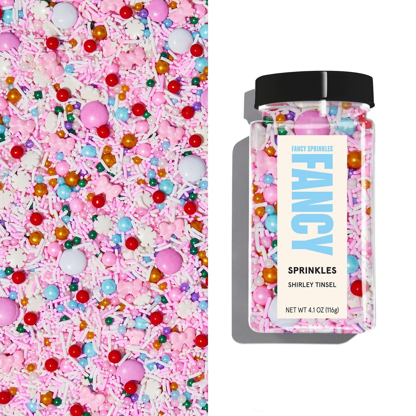 Fancy Sprinkles Shirley Tinsel Sprinkles Crunchy Jimmies, Candy Bows, Snowflakes, and Chocolate Gems (0.5c)