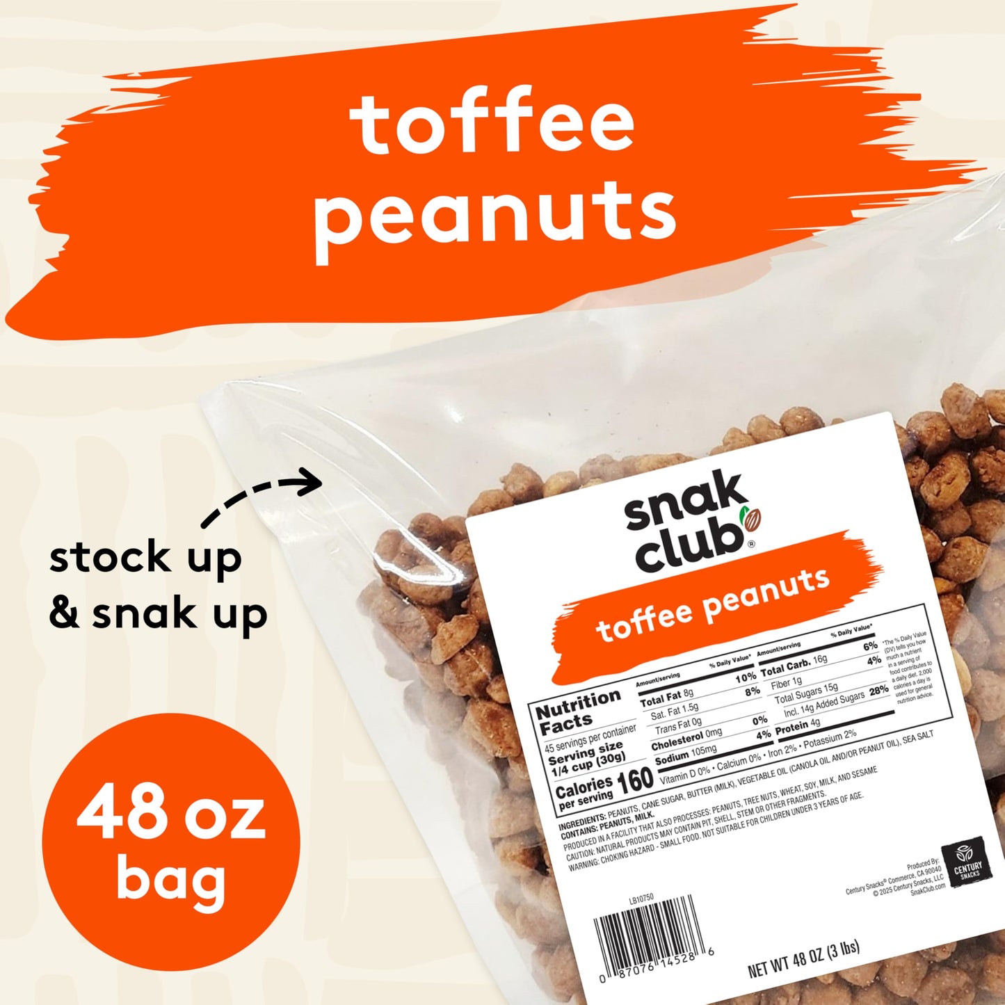 Snak Club Toffee Peanuts, Candied Peanuts with Praline Coat and Sweet Cream, Gluten-Free and Kosher Snack, 3 lb Resealable Bulk