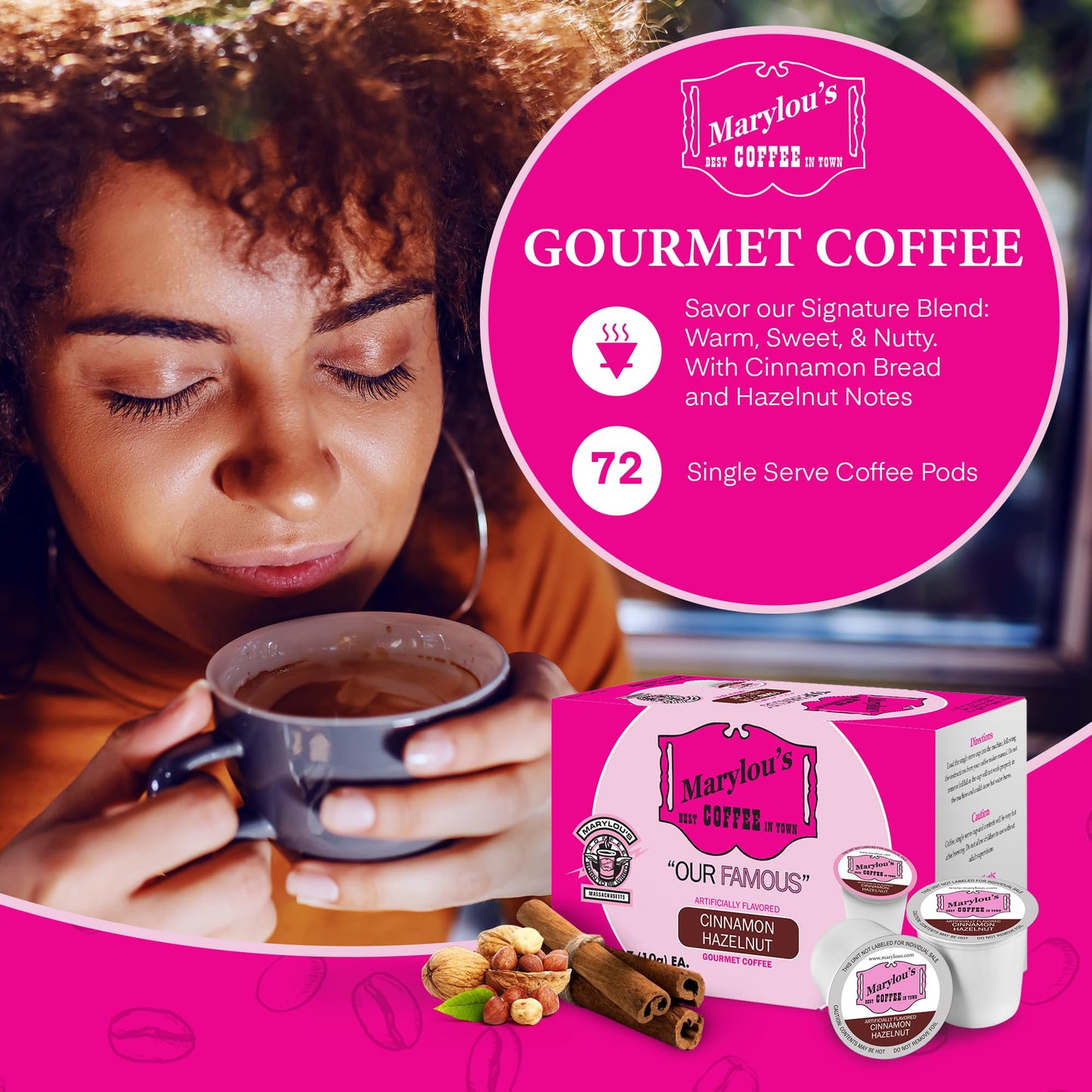 Marylous Cinnamon Hazelnut Coffee - Medium Roast, 72 Single Serve Cups for Keurig