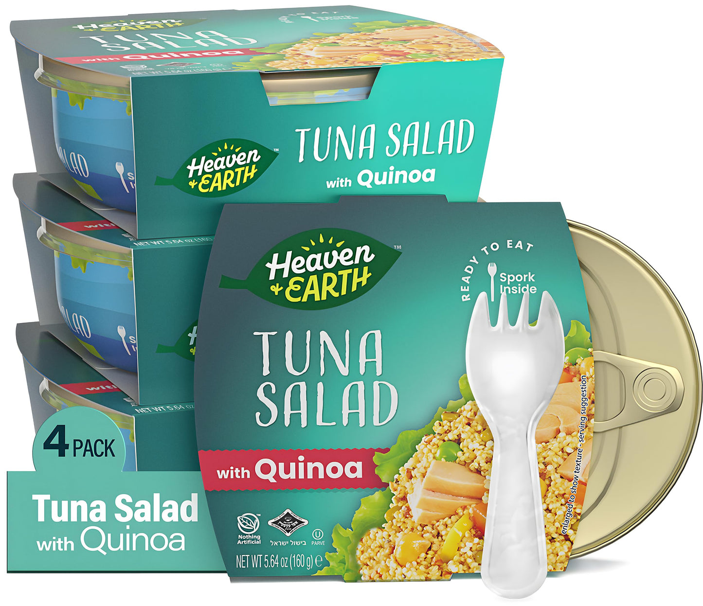 HEAVEN & EARTH Tuna Salad with Quinoa, 5.64oz (4 Pack), Travel Friendly, Spork Included