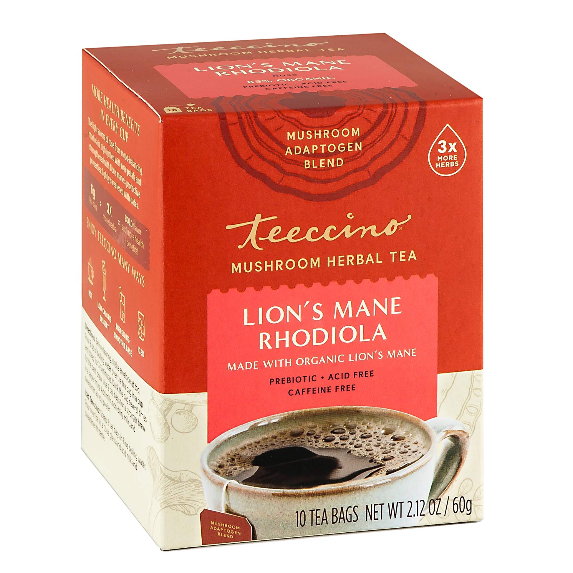 Teeccino Herbal Tea - Caffeine-Free Mushroom Adaptogenic - Lion’s Mane & Rhodiola - 10 Tea Bags - Lightly Sweetened with Dates & Figs