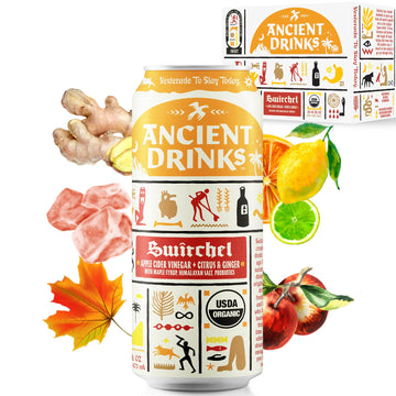 ANCIENT DRINKS Apple Cider Vinegar Beverage, Organic Sports Drink with Electrolytes & Probiotics, Citrus & Ginger, 16 fl oz (12 cans)