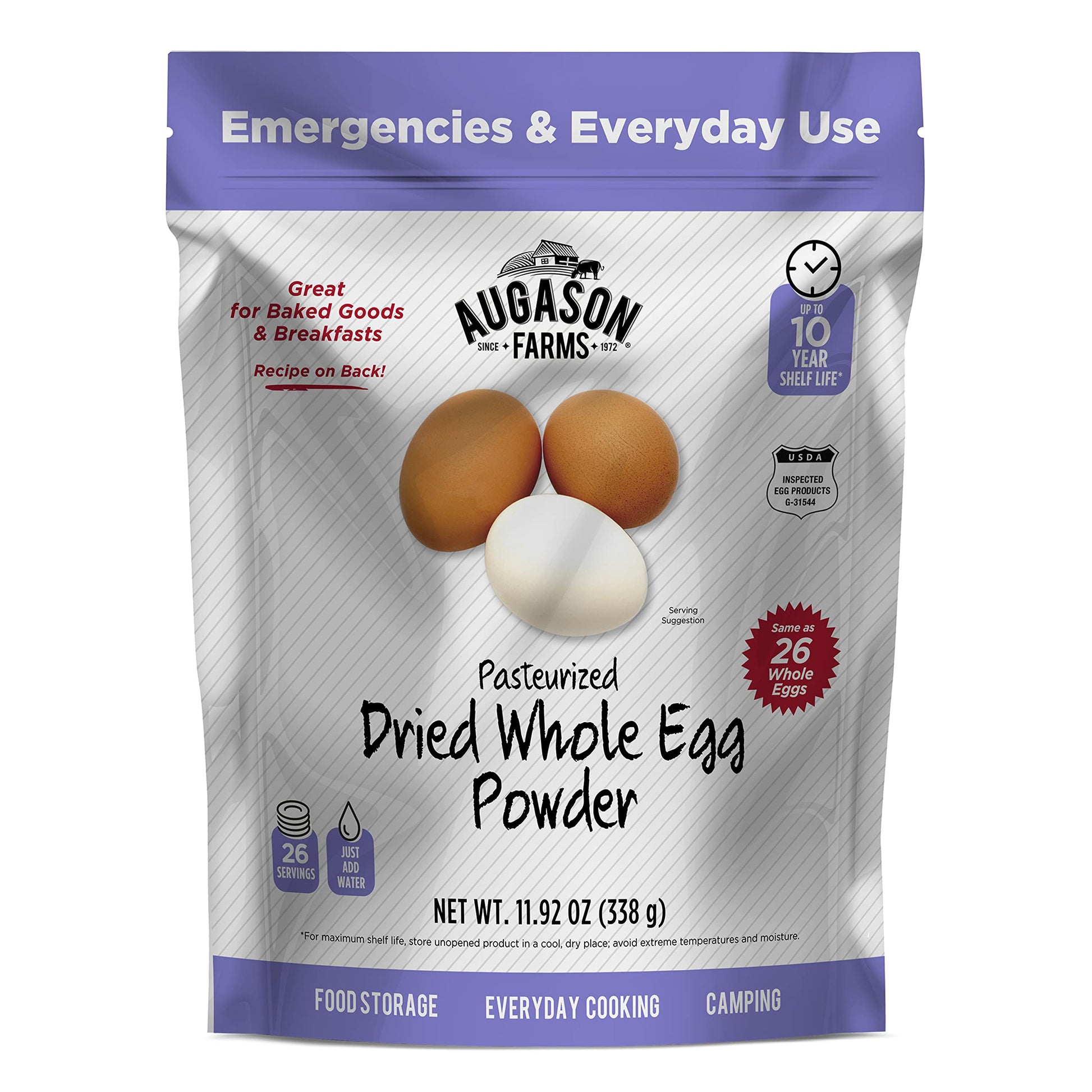Augason Farms Dried Whole Egg Powder Resealable Pouch Emergency Food Storage 11.9 Oz.