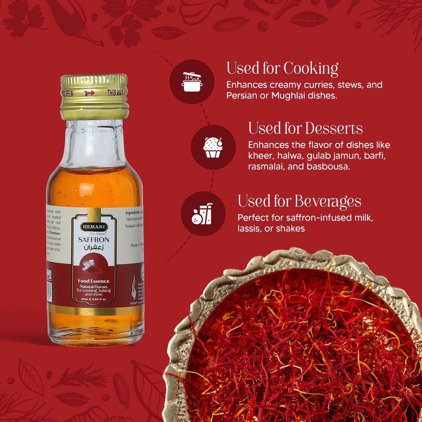 Hemani Saffron Food Essence 25 Ml Halal - Natural, Concentrated, And Authentic Saffron Flavor For Cooking, Baking, And Making De