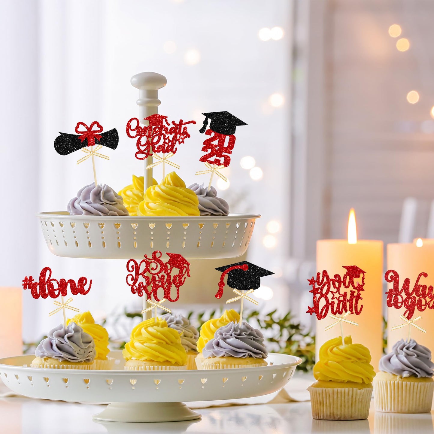 Gyufise 32Pcs 2025 Graduation Cupcake Toppers Glitter Class Of 2025 Graduation Cap Diploma Cupcake Picks Congrats Grad Cake Deco