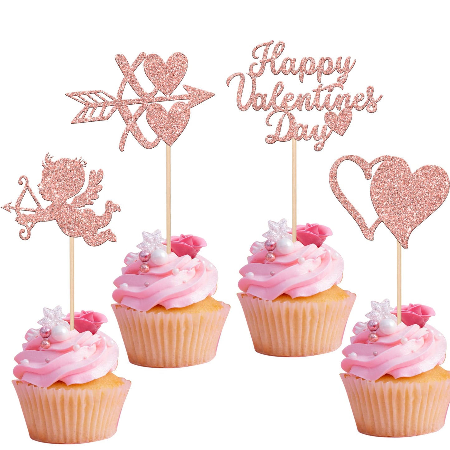 ZHUOWEISM 24 PCS Cupcake Toppers - Rose Gold Glitter Heart Picks for Valentines Day, Weddings, and Showers