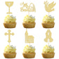 Gyufise Gold Cupcake Toppers, Glitter Cross Angel Dove Decorations, 24Pcs, Paper, Small, God Bless Theme for Baptism & Baby Shower