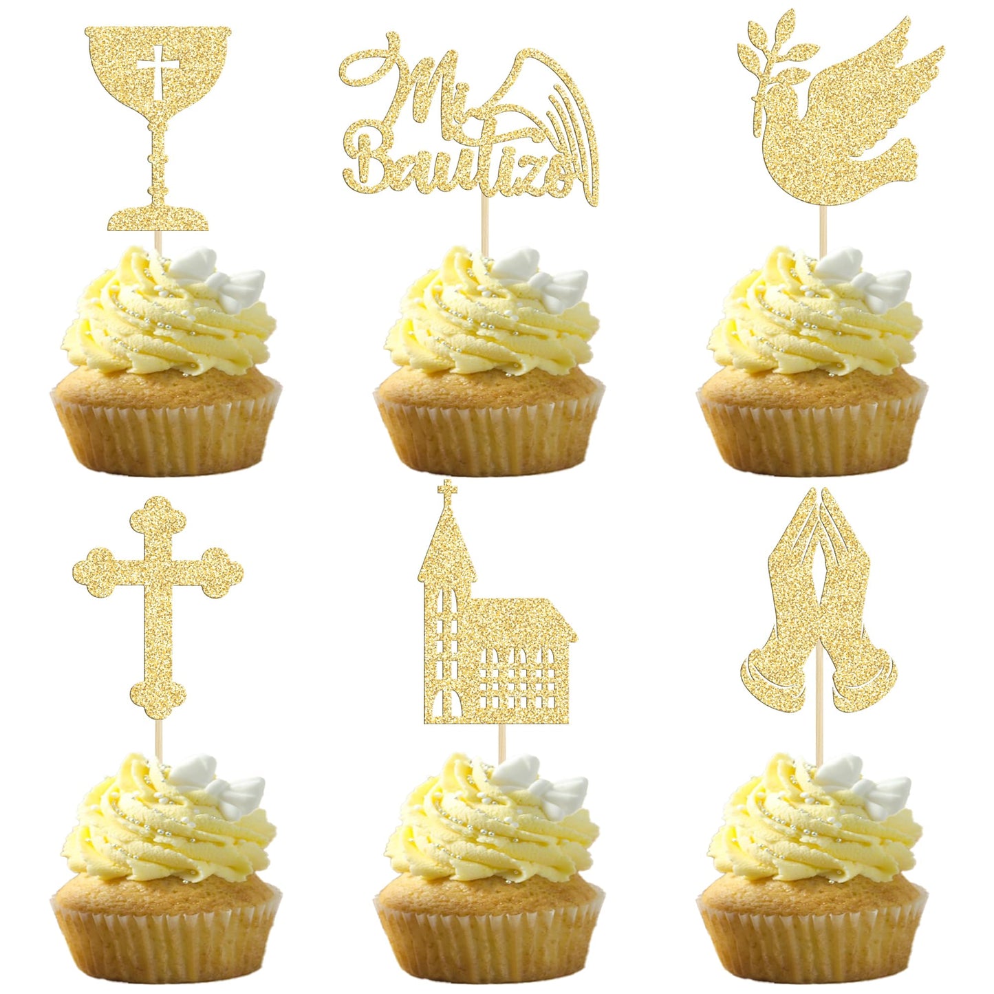 Gyufise Gold Cupcake Toppers, Glitter Cross Angel Dove Decorations, 24Pcs, Paper, Small, God Bless Theme for Baptism & Baby Shower