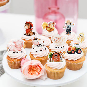 45Pcs Edible Farm Theme Cupcake Toppers Wafer Paper Animal Cartoon Tractor Barnyard Cupcake Toppers Drink Topper Dessert Muffin