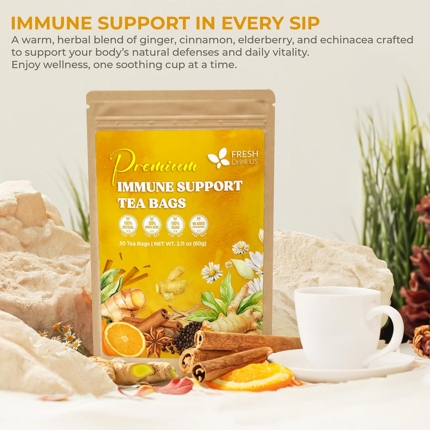FRESHDRINKUS Premium Herbal Tea, Immune Support Blend, 30 Tea Bags, Caffeine-Free, Vegan