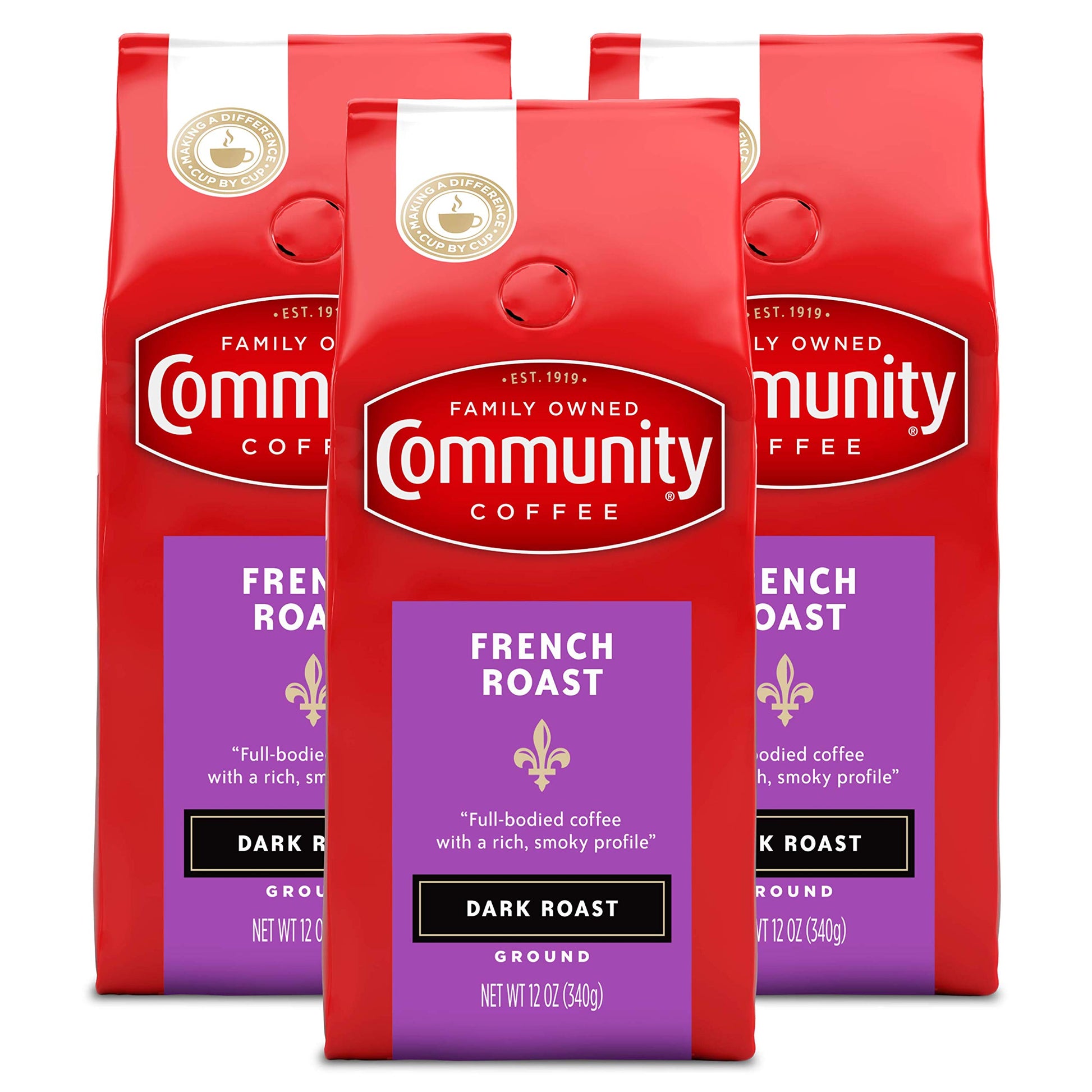 Community Coffee French Roast Dark Roast Ground 12 Oz 3 Ct Gable Top 12 Ounce (Pack Of 3)
