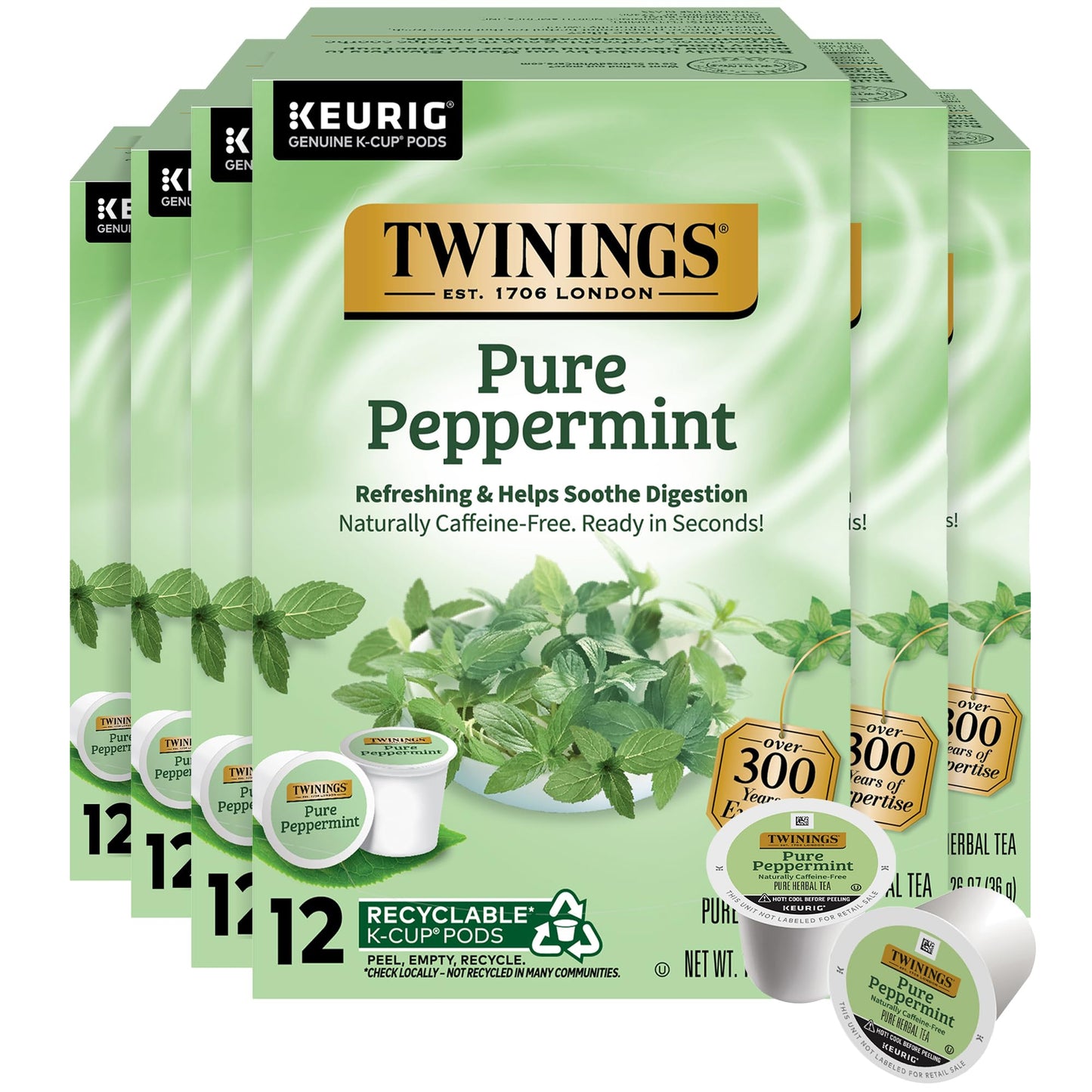 Twinings Pure Peppermint Herbal Tea K-Cup Pods, 12 Count (Pack of 6), Caffeine-Free, Compatible with Keurig